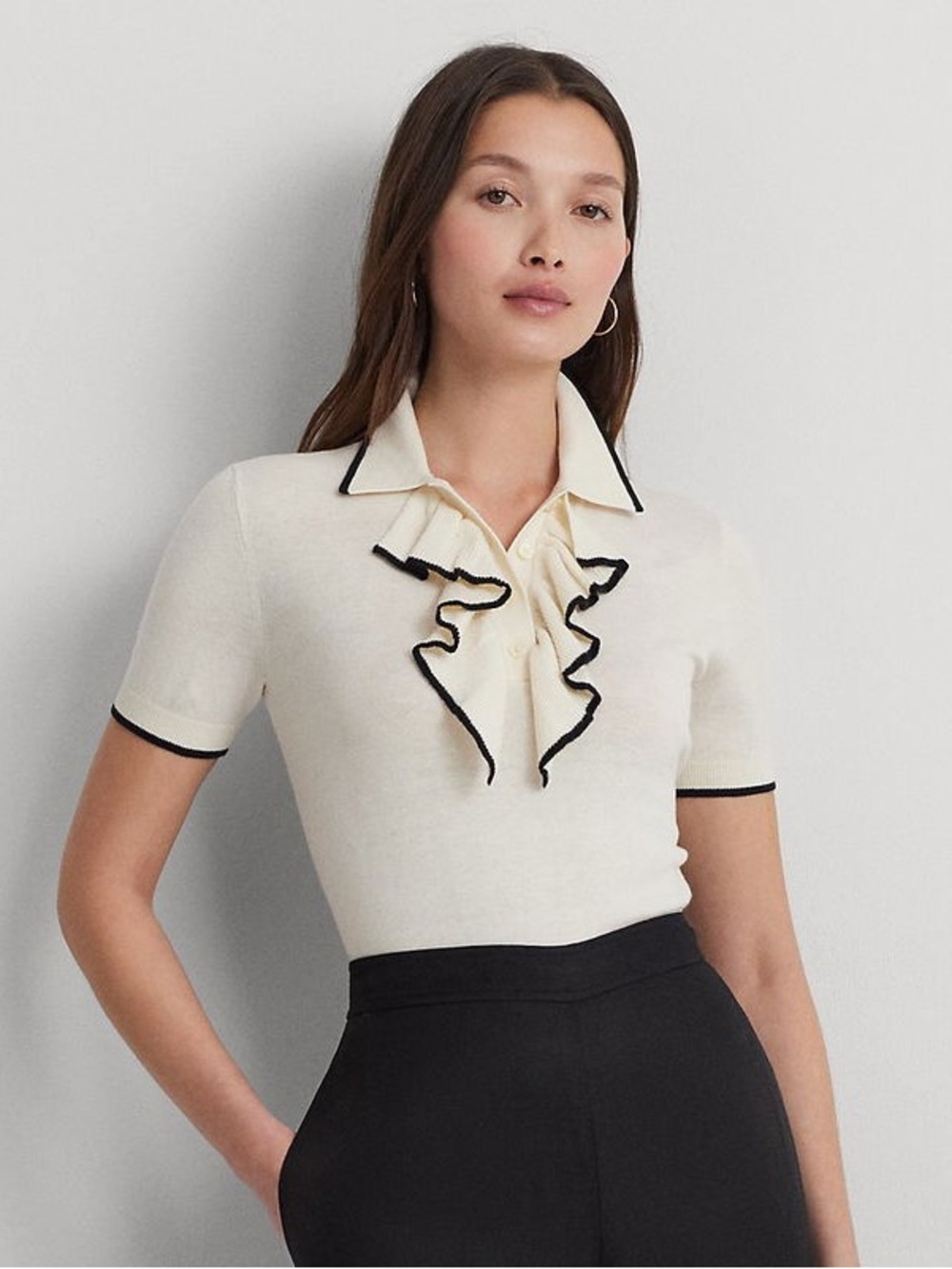 Ralph Lauren Two-Tone Ruffle-Trim Polo
Sweater